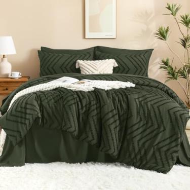 Imagem de Litanika Conjunto de edredom super king size com lençol verde oliva – 7 peças, cama em um saco, tamanho king, boho, tufado, completo com edredom, lençóis, fronhas e fronhas