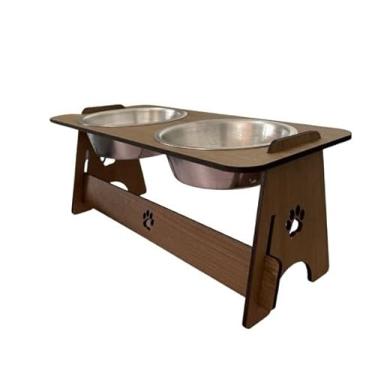 Imagem de Comedouro Pet Duplo MDF Pintado com 2 Tigelas aluminio 300ml | Suporte Elevado Cães e Gatos(marrom pote aluminio)
