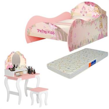 Imagem de Quarto Infantil Princesa Com Cama Guarda Roupa Penteadeira e Colchão -