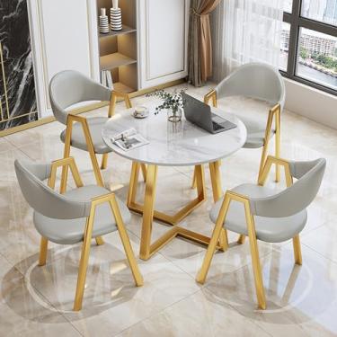 Imagem de Conjunto de mesa de negociação para sala de conferências, mesa redonda de recepção de escritório e conjunto de cadeira de sala de estar, mesa redonda de ardósia PU/algodão e linho conjunto de 5 peças