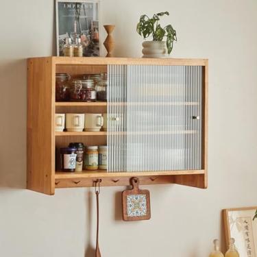 Imagem de Armário de armazenamento de cozinha de madeira montado na parede com portas de vidro, prateleiras ajustáveis de 3 níveis, porta deslizante, armário suspenso para banheiro, solução elegante para