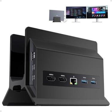 Imagem de PULWTOP Estação de ancoragem USB C 11 em 1, monitor duplo, base vertical para laptop com 2 x HDMI 4K 60Hz, 3 x USB A/C 10Gbps, 2 x USB A 5Gbps, Ethernet, estação de ancoragem PD3.0 para laptops tipo C