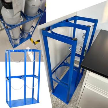Imagem de Rack de armazenamento de cilindro de gás duplo - Suporte de tanque de oxigênio montado no chão com base pré-perfurada, prateleira de parede de tanque de oxigênio vertical para laboratórios, hospitais
