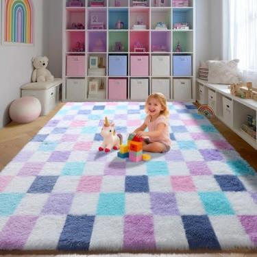 Imagem de KICMOR Tapete de área quadriculado roxo arco-íris 15 x 23 cm para sala de estar, grande, colorido, macio, felpudo, felpudo, tapete fofo para quarto de crianças, meninas, berçário, decoração de casa