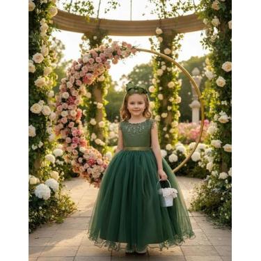 Imagem de Vestido Infantil Longo Verde Oliva Damas de Honra Pérolas Luxo - ENJOY