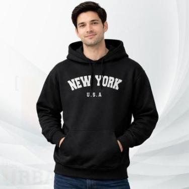 Imagem de Moletom Modelo Canguru Com Capuz Algodão Moleton Masculino e Feminino Estampa Cidade New York USA-Unissex