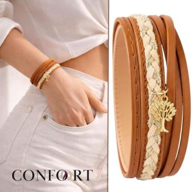 Imagem de Pulseira de Couro Feminina Ajustável Trançada Espírito Santo Flor Trev