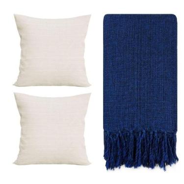 Imagem de Kit 2 Capas de Almofada Linho 42x42cm + Manta De Sofá Azul - Dicaza