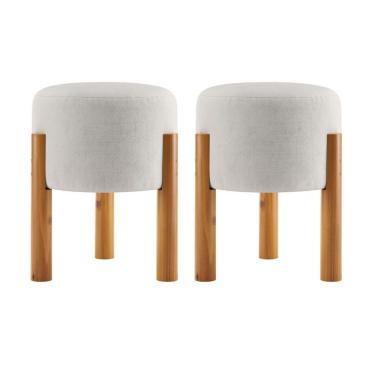 Imagem de Kit 2 Puff Estofado Redondo Tecido Suede Banqueta Elegante Bege Claro OEM