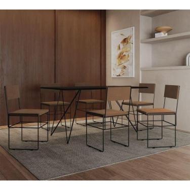 Imagem de Mesa Jantar Retangular Industrial Trama 1,50x0,90m Preta Com 6 Cadeira