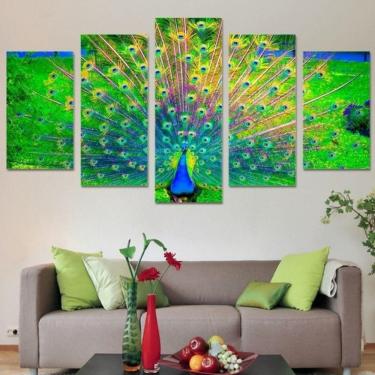 Imagem de Quadro Decorativo Pavão 5 partes 130x65 em tecido