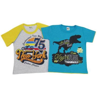 Imagem de Camiseta Infantil Masculina Manga Curta Kit com 2 Unidades Cinza Mescla e Azul Turquesa