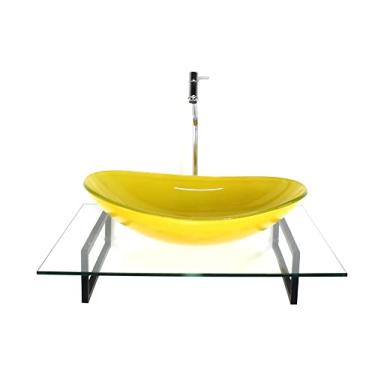 Imagem de KIT CUBA DE VIDRO OVAL AMARELA COM TAMPO 60CM INCOLOR E SUPORTE PRETO