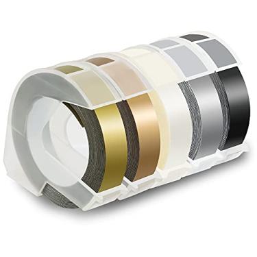 Imagem de Fita adesiva de reposição para gravação em relevo da Pristar compatível com fita autoadesiva para o organizador de etiquetas Dymo em relevo Xpress, branca em preto/prata/ouro/champanhe dourado, 3/8 pol. x 9,8 pés, pacote com 5