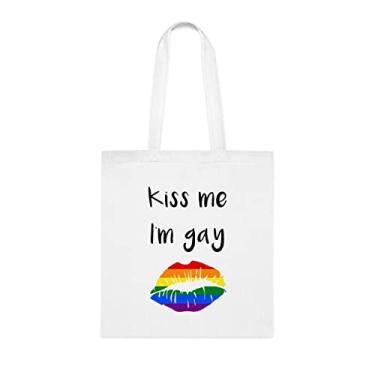 Imagem de Kiss Me I'm Gay, presente gay engraçado, bolsa de ombro gay, bolsas reutilizáveis gays, cesta de natal de aniversário gay, Branco