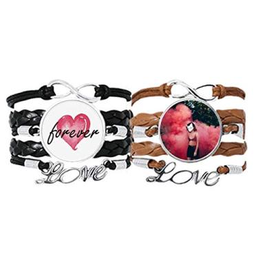Imagem de DIYthinker Pulseira de mão Pink Fog Head Girl Florestal Ciência Natureza Cenário Pulseira de mão Corda de couro Forever Love Conjunto duplo