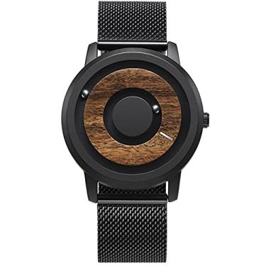 Imagem de Relógio masculino de madeira marrom, quartzo, ímã magnético, acionamento por esfera, mostrador de madeira, pulseira de borracha preta, relógio de pulso masculino, 11, Relógios de quartzo