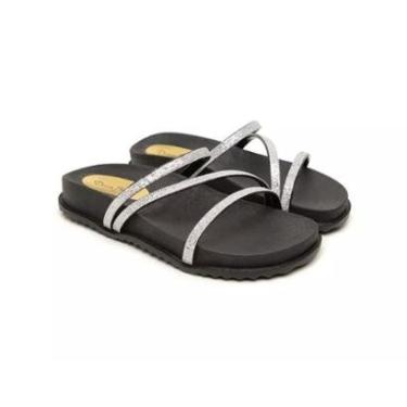 Imagem de Sandália Papete com Tiras Brilho Rasteira Tratorada Feminino-Feminino