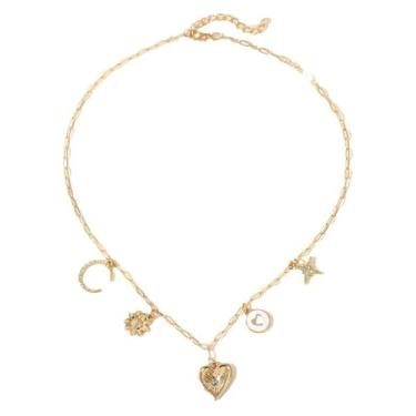 Imagem de Colar com pingente feminino delicado dourado com clipe de papel na moda, girassol, rosa, margarida, em forma de coração, sol, lua, estrela, borboleta, pingente, Zinco, Sem Pedra Preciosa