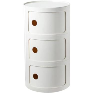 Imagem de Mesa de cabeceira redonda de plástico de 2/3/4 níveis de armazenamento com gavetas e porta deslizante, armário de cabeceira moderno nórdico para quarto, A, 32 x 58 cm