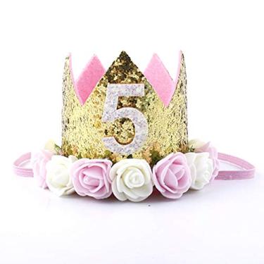 Imagem de Coroa de primeiro aniversário para bebês meninos, decoração de sol número 1 faixa de cabeça para aniversário de princesa, chapéu dourado brilhante, decoração de primeiro aniversário, coroa de tiara, bolo, suporte para foto, 01 5th Pink Crown
