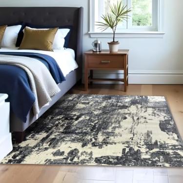 Imagem de 1 Tapete Quarto Belga Beira de Cama Es Mo 100 x 140 Vr (D7Mod Cinza Azul Bege Preto Marfim Moderno Manchado Abstrato)