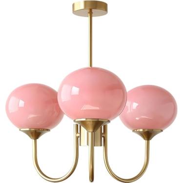Imagem de Lustre suspenso Sputnik moderno de 3 luzes de meados do século, vidro branco leitoso, bolha rosa, lustre para meninas, para quarto, luminárias pendentes de teto douradas para sala de jantar,