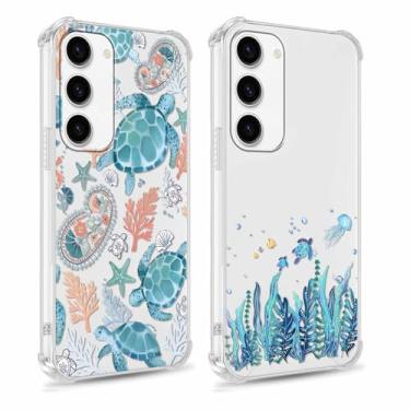 Imagem de Yomjew Pacote com 2 capas de telefone fofas tartarugas azuis para Samsung Galaxy S23 5G 6,1 polegadas, design de animal de desenho estético, capas transparentes finas de silicone macio TPU à prova de