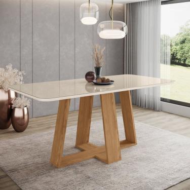 Imagem de Mesa De Jantar Para 6 Lugares 1,8m Tampo Mdf E Vidro Canto Arredondado Lins Nature-off White