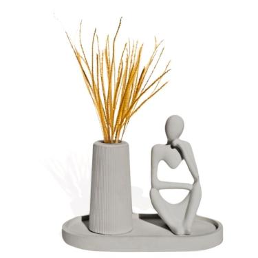 Imagem de Kit 3 Peças Decoração Estátua Pensadora Garrafa Tubo E Bandeja Cinza