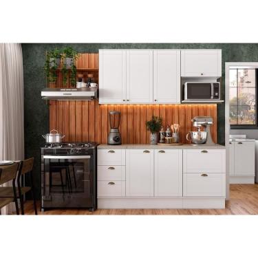 Imagem de Kit de Cozinha Completa Bella 9 Módulos 6 Portas 5 Gavetas MDF 120cm Branco com Tampo MDP