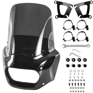 Imagem de FATECIM Capa De Carenagem Para Farol Motocicleta Com Para-Brisa Fumê 15" E Kits Montagem 48-58 Mm Harley Softail Fat Bob Fxfb Fxfbs 2018 2019 2020 2021 2022
