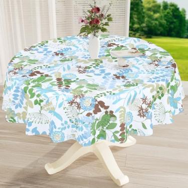 Imagem de misaya Toalha de mesa redonda de vinil impermeável, toalha de mesa limpa com forro de flanela, capa de mesa de plástico de mola para jantar, piquenique, interior e exterior (folhas, 152 cm)