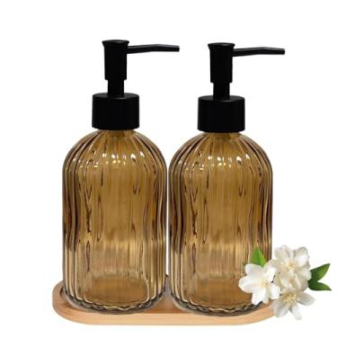 Imagem de Conjunto de 2 dispensadores de sabão de vidro para mãos e louças com bombas de plástico, bandeja de bambu, dispensador de sabonete marrom de 382 g com listras verticais para lavar à mão e lavar louça