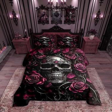 Imagem de Erosebridal Jogo de cama gótico de caveira para crianças, adolescentes, gótico, vintage, vitoriano, romântico, rosa, floral, assustador, grunge, esqueleto, boêmio, terror, decoração gótica