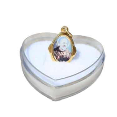 Imagem de Medalha Padre Pio + caixa acrílica coração 2 unidades