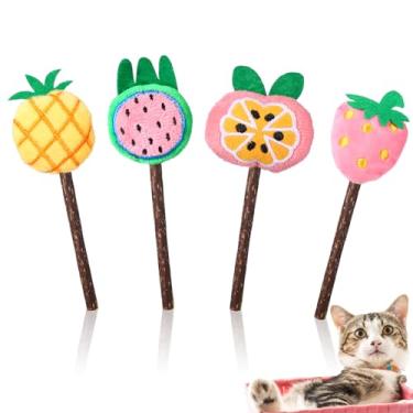 Imagem de Ptwola 4 peças de palitos de fruta natural Silvervine brinquedos para mastigar gatinhos para ambientes internos pirulitos interativos para gatos dentários brinquedos de petisco de mamilos para