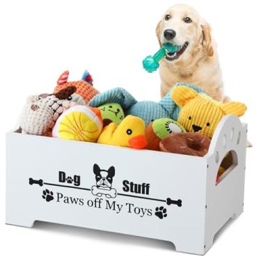 Imagem de Marsui Caixa de brinquedo de madeira para cães com alça 35 x 23 x 20 cm, grande cesto de armazenamento para cães, organizador de coisas para mastigar, cobertores, coleiras, presente de comida para
