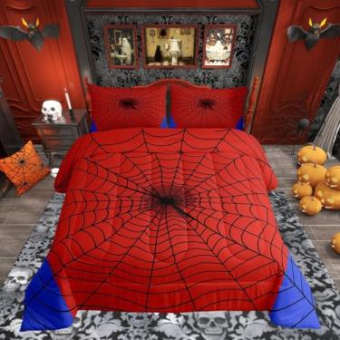 Imagem de Conjunto de edredom infantil Happy Halloween, tamanho Queen, teia de aranha, animais, insetos, decoração de quarto de meninos, meninas, mulheres, homens, edredom de teia de aranha, edredom vermelho e