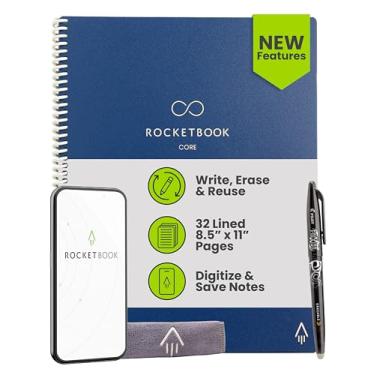Imagem de Rocketbook Caderno espiral reutilizável New Core, tamanho carta 21 x 28, azul escuro - páginas forradas, conectadas ao aplicativo, apagável, capa durável, ideal para escola, trabalho e projetos