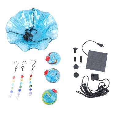 Imagem de Pendurado Solar Bird Bath Fountain Hummingbird Alimentador 2 em 1 Decoração do jardim ao ar livre com 3 Pots Alimentador Solar Powered Fonte de água para Small Birds Glass Iron