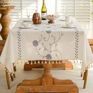 Imagem de KAIJIE Toalha de mesa retangular texturizada estilo rural toalha de mesa de algodão e linho bordado com decorações de borla para casa 100 x 160 cm