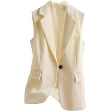 Imagem de Colete De Gola De Lapela Feminino Casaco Clássico All-matched Single Breasted Sem Mangas Colete Sólido Lady Vintage Jacket, White, L