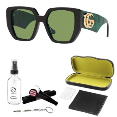 Imagem de Gucci Óculos de Sol Grandes com Formato Geométrico GG 0956S + Pacote com Kit de Óculos de Luxo eShades, Preto com Lente Verde (54 mm)