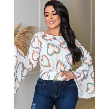 Imagem de Blusa Cropeed Social Feminina Estampa de Coração Manga Longa Flare Sin