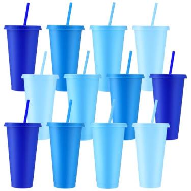 Imagem de Skylety 12 peças de copos de plástico azul empoeirado com tampas e canudos 680 g copo reutilizável grande caneca de viagem café bebidas suprimentos de festa para Natal, casamento, nupcial, chá de bebê