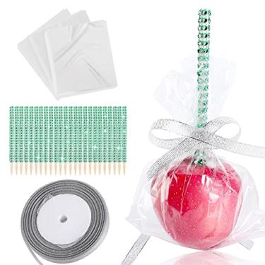 Imagem de Pacote com 24 palitos de bambu de maçã doces, espetos de madeira de maçã de caramelo, palitos de comida para arroz, petiscos de Krispy, biscoitos, brownies, cães caseiros com saco de vidro, fitas com glitter (verde)
