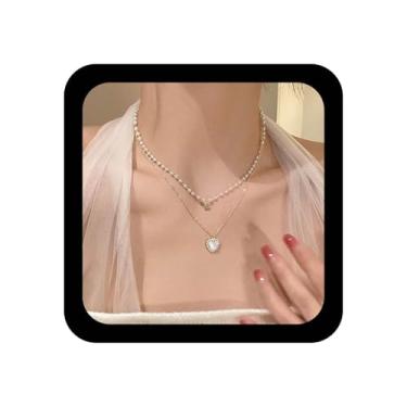 Imagem de Ximdble Colar vintage em camadas com pingente de coração de cristal boho pérola colar gargantilha strass coração amor cordão pérola cz pedra da lua joia para mulheres