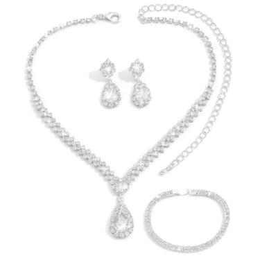 Imagem de Conjunto Feminino Colar Brinco Pulseira Gota Zircônia Cúbica Prata Verde Esmeraldo - Noiva Madrinha Casamento Festa Formatura Debutante - Presente Mãe Namorada Amiga - Clássico Delicado Elegante (Prateado)