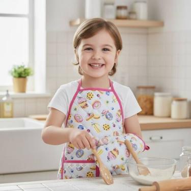 Imagem de Kit Avental Infantil de Cozinha Estampado com Luva Térmica - Mava Enxo